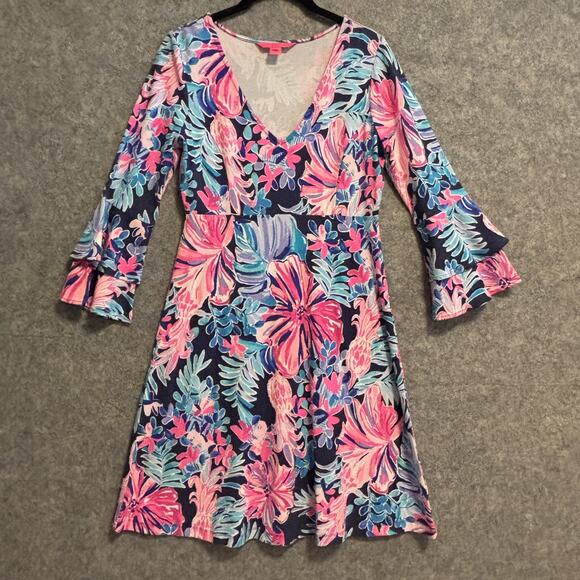Lilly Pulitzer Dress Womens Small Navy Pink Floral Knit Flare Sleeve A-Line Boho - Picture 1 of 11